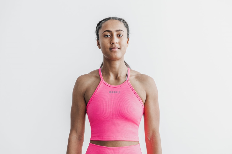 NOBULL Halter Crop Tank (Neon Ribbed) Pink