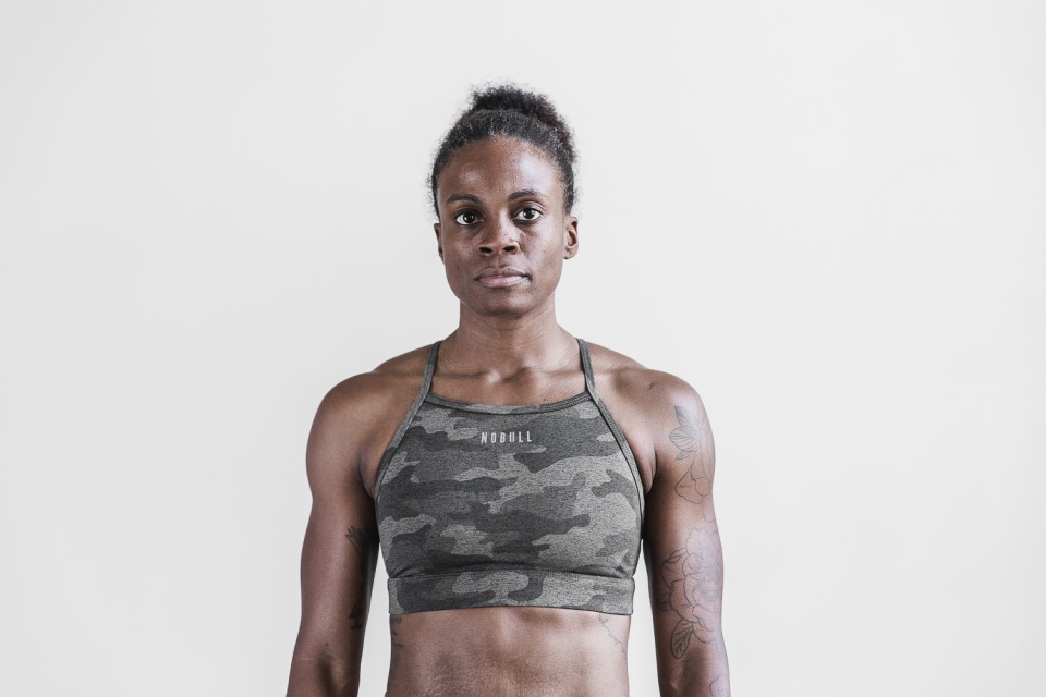 NOBULL High-Neck Sports Bra (Plush Heather) Dark Fallen Rock Camo